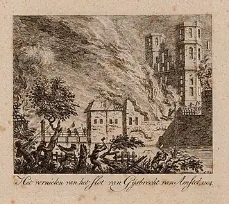 Fantasietekening uit 1782 van de verwoesting van het Slot Amstel