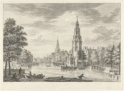 De brug (rechts) door Simon Fokke in 1760