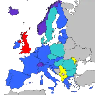 alt= ■&nbsp;Eurozone ■&nbsp;Andere leden van de Europese Unie ■&nbsp;Andere lidstaten van de EER en Zwitserland ■&nbsp;Deelnemende ministaten in SEPA ■&nbsp;Verenigd Koninkrijk (blijft in SEPA na Brexit)[1]