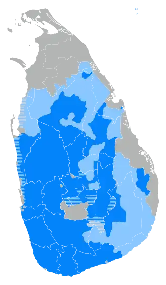alt=Verdeling van Sasak in Sri Lanka ■&nbsp;Singalees is de moedertaal en de meerderheidstaal. ■&nbsp;minderheid significant spreken Singalees.