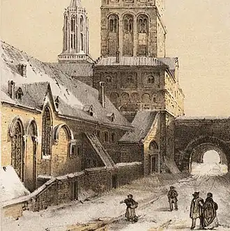 Sint Servaasklooster met links de vm. kapittelschool (Alexander Schaepkens, midden 19e eeuw)