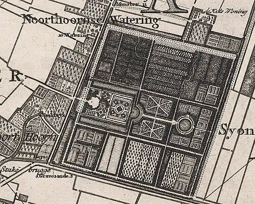 De buitenplaats Sion omstreeks 1712. De tuin is in Franse stijl ingericht.