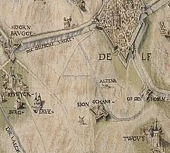 Klooster Sion als Spaanse schans op het tapijt van Joost Jansz. Lanckaert herinnerend aan het Beleg van Leiden (1574)