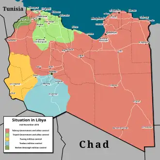 De situatie in Libië in november 2018. Het groene gebied stond onder controle van de regering van nationaal akkoord.