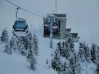 Zicht vanuit de gondel naar het bergstation