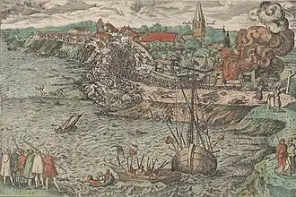 Slag bij Oosterweel met Scheldedijk en schepen van de geuzen (Frans Hogenberg, ca. 1567-1570)