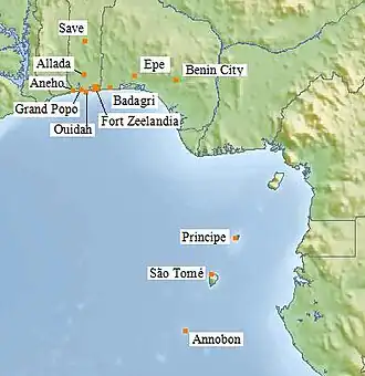 Vestigingen van de WIC die tot de Slavenkust werden gerekend.