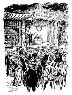 Tekening van Slieker's reizende bioscoop Grand Théatre Edison in het Park Tivoli in Utrecht