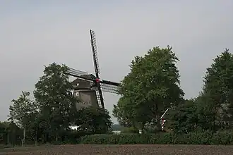 De molen ligt wat verscholen tussen het groen