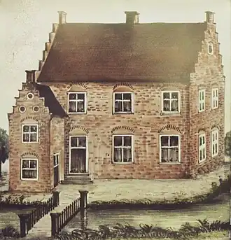 Detail uit een glas-in-loodraam met Slot Den Hout (in de 19e eeuw) in Kasteel Dommelrode.