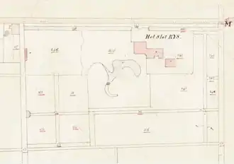 Kadasterkaart uit 1832 met de ligging van slot Rijs en omringende percelen