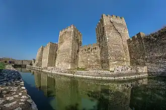 De vestingwerken van Smederevo met slotgracht (2015).