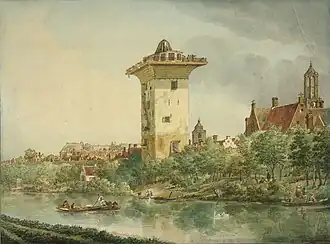 De Smeetoren aan de Stadsbuitengracht in 1818 afgebeeld door Cornelis van Hardenbergh. Zichtbaar boven in de toren is het gedeelte van de sterrenwacht.