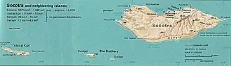 Kaart van Socotra met het Hajhirgebergte (Jabal Haggier) in het oosten