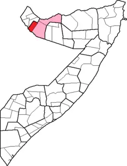 De locatie van het district Gabiley in de regio Woqooyi Galbeed in Somalië