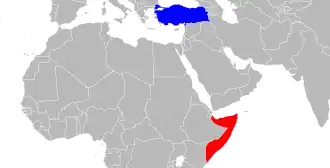 Kaart met daarop Somalië en Turkije