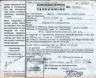Sonderausweis van een medewerker van het Gemeentelijk energiebedrijf van Amsterdam