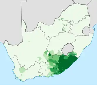 Verspreiding van Xhosa-sprekers in Zuid-Afrika
