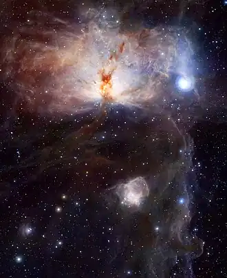 NGC 2023 (onder het midden) met NGC 2024 (boven) en de Paardekopnevel (rechtsonder)