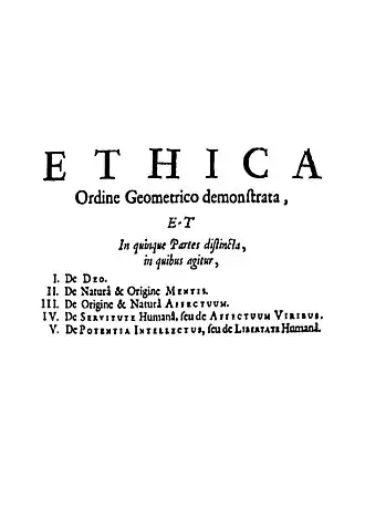 Titelpagina van de Ethica in Spinoza's Opera Posthuma (1677).