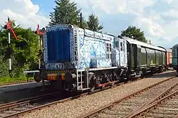 Locomotief NS 673 in bijzondere beschildering in het Spoorwegmuseum.