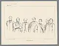Spotprent met de bovenlichamen van de zeven nieuwe ministers: Geertsema, Brocx, Van Limburg Stirum, Fransen van de Putte, De Vries Azn., Gericke en Van Delden (1872)
