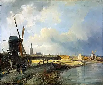 Cornelis Springer: Gezicht op Den Haag vanaf de Delftse vaart in de zeventiende eeuw, 1851, waarin zich de overgang van de Nederlandse romantiek naar de meer realistische stijl van de Haagse School aftekent.