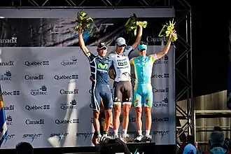 Het podium: Enrique Sanz (links), Michael Mørkøv (winnaar, midden), en Simon Clarke (rechts)
