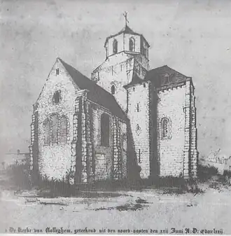 De kerk vanuit het noordoosten gezien met wolfsdak op de kruisbeuk. Tekening van 1872.