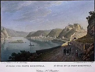 Blik op Sankt Goar met de Ruïne Rheinfels rond 1830