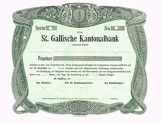 Obligatie van de Kantonnale Bank van Sankt Gallen van rond 1900.
