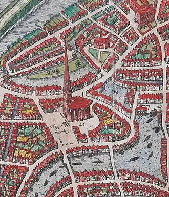 St. Nikolai op kaart van Hamburg (ca.1590), Georg Braun