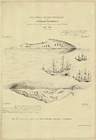 De eilanden St. Paul en Amsterdam, getekend door Anthonie van Diemen in 1633.