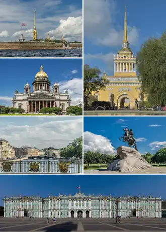 Een collage van St. Petersburg Admiraliteit, Petrus-en-Paulusvesting, Izaäkkathedraal, Fontankarivier, Winterpaleis, bronzen ruiter