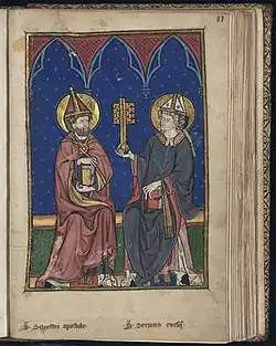 Silvester I en Sint-Servaas in Livre d'images de Madame Marie (ca. 1285), BnF