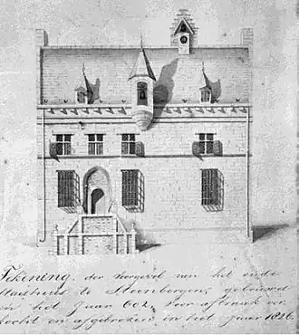 Het stadhuis kort voor de sloop, tekening door Ambrosius Duijvelaar