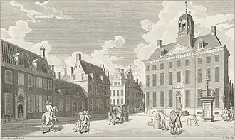 Stadhuis, 't Hof en het Burgerweeshuis te Leeuwarden (gravure Abraham Jacobsz. Hulk uit 1785)