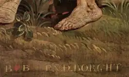 Aanduiding BB (Brussel Brabant) en signatuur F.V.D. (Frans van der) Borght op een Maastrichts wandtapijt