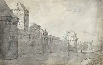 De hoge Plompetoren van buiten de stadsmuur rond 1615 afgebeeld. Links en rechts in de tekening de waltorens De Vos en De Beer. Zichtbaar is ook de uitmonding van de Plompetorengracht door de stadsmuur in de Stadsbuitengracht.