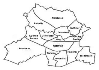 De 14 Stadtbezirke (stadsdistricten) van Lünen