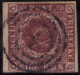 Eerste postzegel van Denemarken, type "Kroon", 1851.