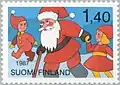 Santa en zijn elfen op een postzegel uit Finland