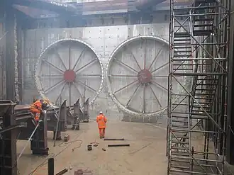 Startschacht van de metroboor in bouwkuip Scheldeplein, 2011