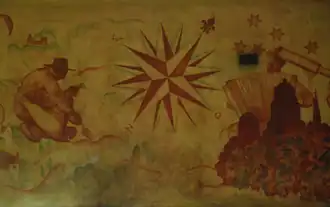 De hoofdstad Brussel met de windroos en de sterrenkijker, symbolen van de Sterrenwacht in Ukkel.