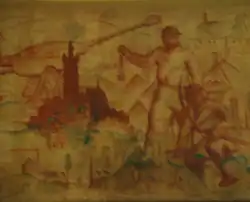 De stad Bergen met afbeeldingen van de Waalse steenkoolmijnen en industrie.