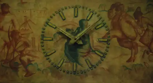 Rechts van het uurwerk een gehaaste reiziger.