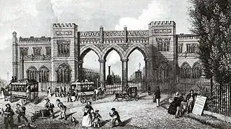 Het eerste station Delftsche Poort in 1858