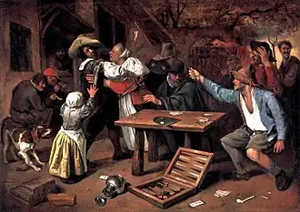 Gokkers maken ruzie, Jan Steen kijkt rechtsboven lachend toe