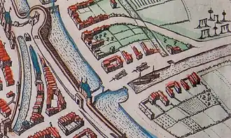 Oude Steentilpoort (midden) op de kaart van Braun & Hogenberg (1575) met linksboven de Poelepoort en rechts het galgenveld aan het Damsterdiep