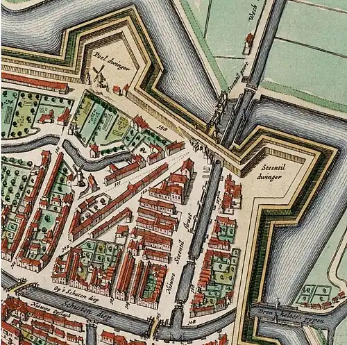 Locatie van de Steentilpoort op de kaart van Groningen uit de Atlas van Loon (1649). Bij de brug aan zuidzijde van de 'Nieuwe Steentil Straat' stond de Oude Steentilpoort.